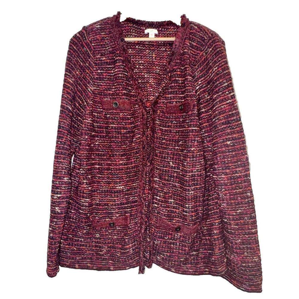 J. Jill Large Colorful Hook & Eye Cardigan Jacket Faux Pockets Shoulder Pads